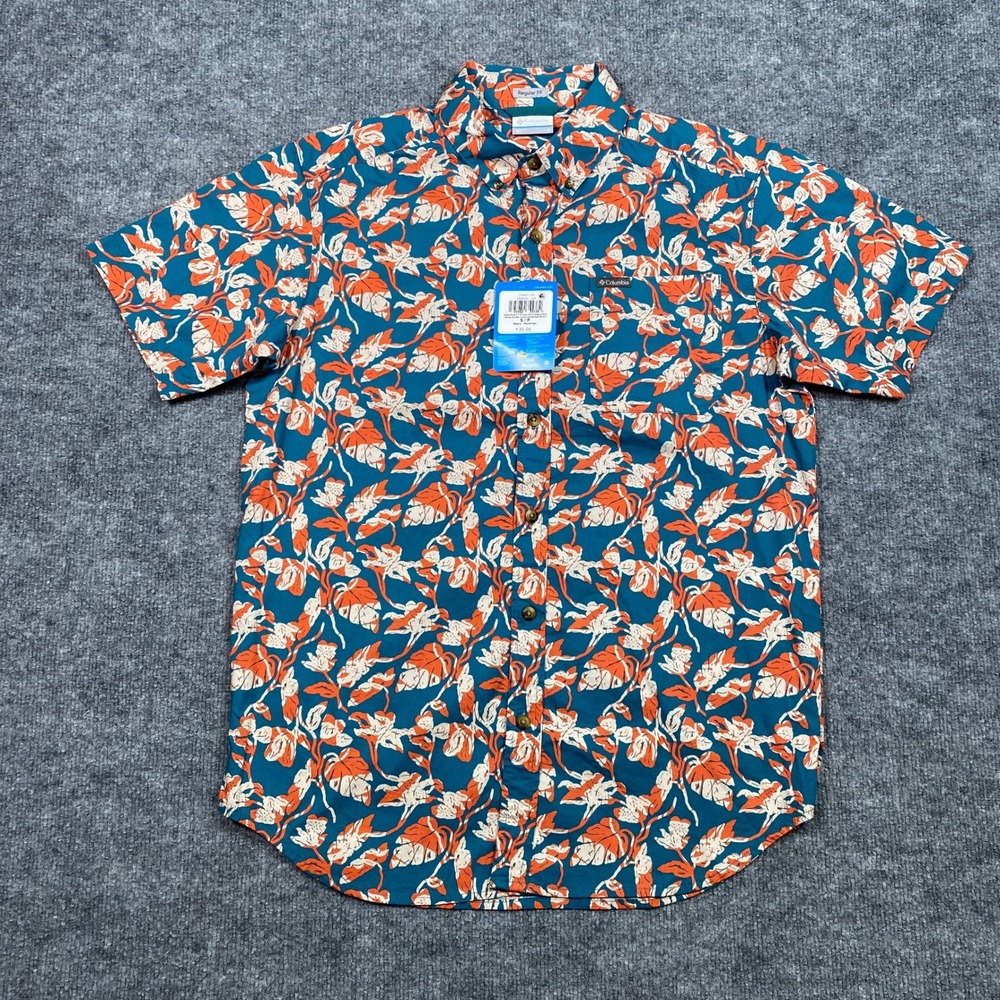Columbia Rapid Rivers Mens Small Orange Tropical Leaf SS Shirt AM0094-365 NWT - Picture 1 of 7